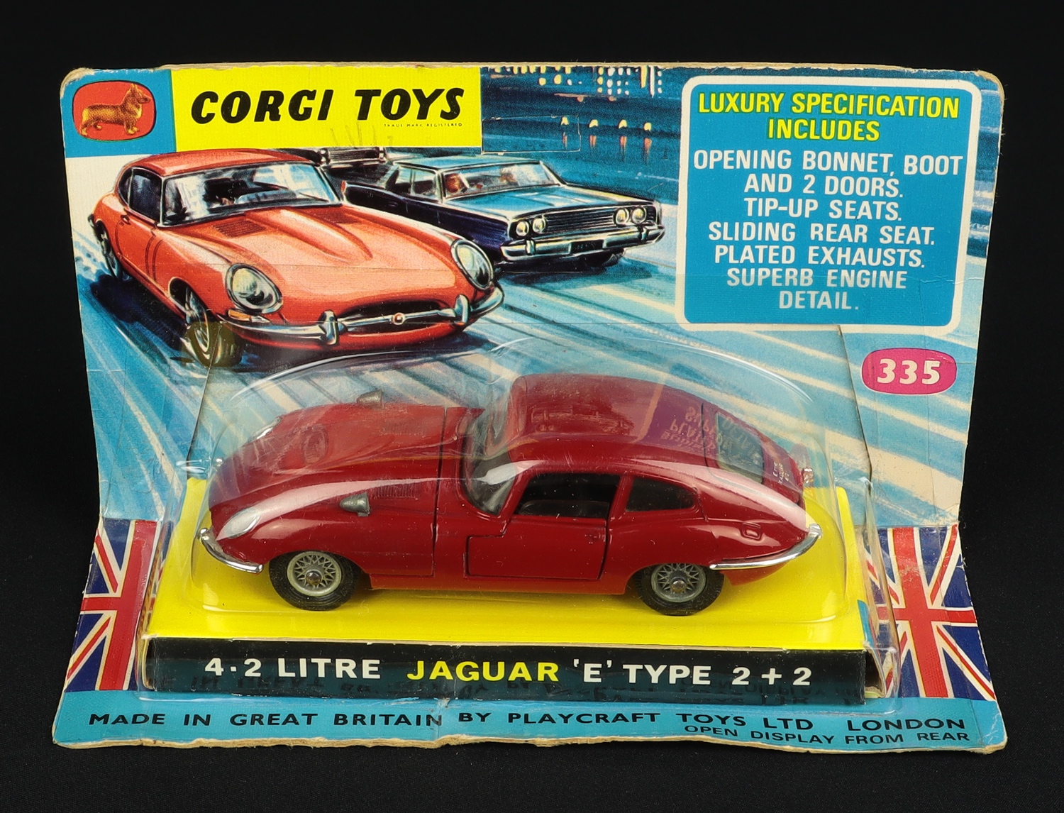 Miniature Corgi Jaguar Type E 4.2 2+2 – Rouge, échelle 1/43, Année 1963, Occasion (sans Boîte)