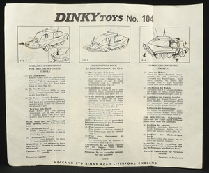 DINKY TOYS # 104 SPV Repro Adesivo Set e due razzi ANTERIORE 