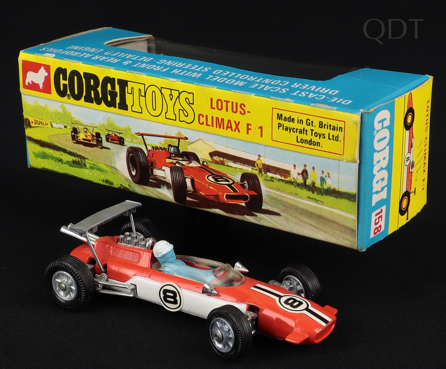A collection of Corgi Toys cars, including a No. 158 Lotus Climax F1, boxed, with packing piece and