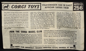 Corgi toys 256 vw 1200 east african safari rhino hh65 leaflet